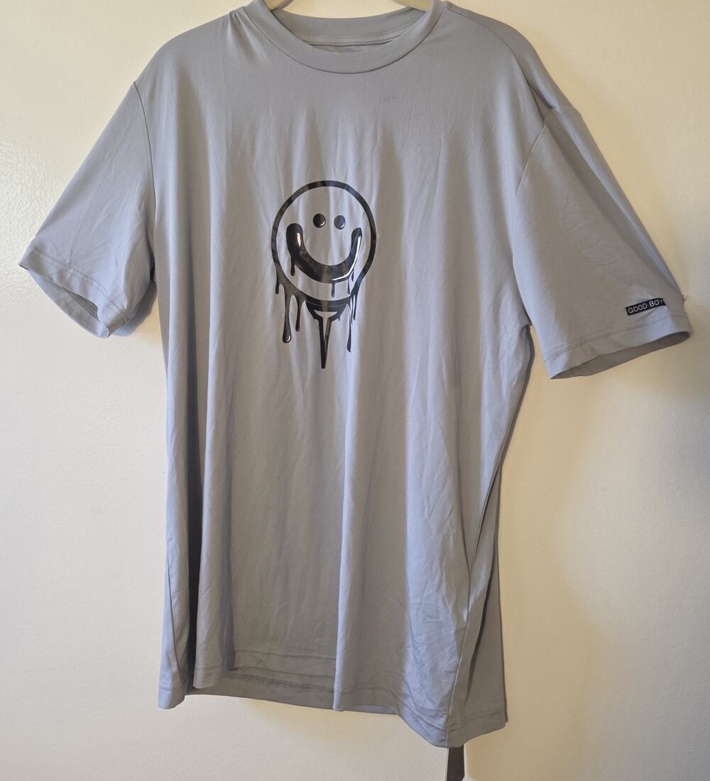 Good Boy Golf Shirt Size M Mens Gray Melting Dripping Smiley Face Graphic Tee